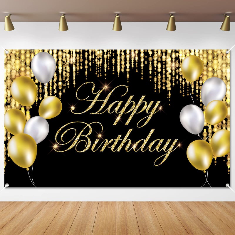 Tevxj Black Gold Happy Birthday Banner Backdrop Large Yard Sign backgroud It's My Birthday Backdrop Baby Shower Party Indoor Outdoor Car Decoration Supplies for Men Women Boys Girls - Image 1
