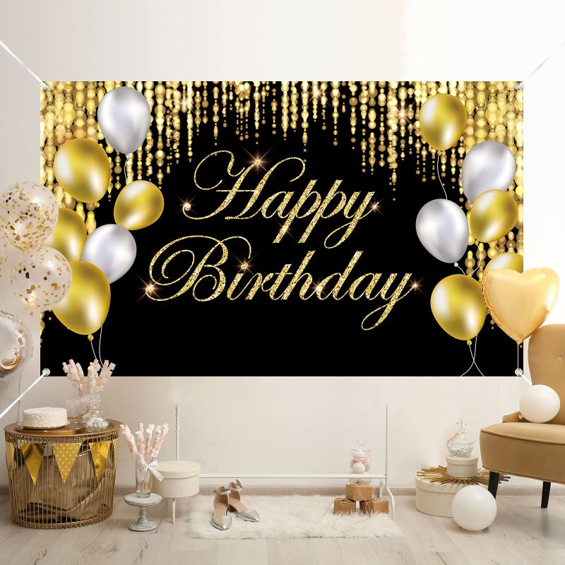 Tevxj Black Gold Happy Birthday Banner Backdrop Large Yard Sign backgroud It's My Birthday Backdrop Baby Shower Party Indoor Outdoor Car Decoration Supplies for Men Women Boys Girls - Image 5