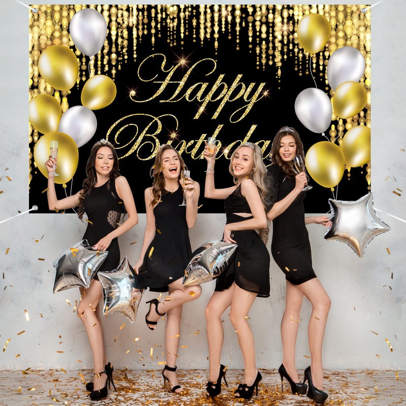 Tevxj Black Gold Happy Birthday Banner Backdrop Large Yard Sign backgroud It's My Birthday Backdrop Baby Shower Party Indoor Outdoor Car Decoration Supplies for Men Women Boys Girls - Image 3