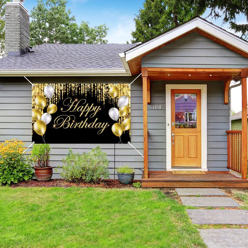 Tevxj Black Gold Happy Birthday Banner Backdrop Large Yard Sign backgroud It's My Birthday Backdrop Baby Shower Party Indoor Outdoor Car Decoration Supplies for Men Women Boys Girls - Image 4