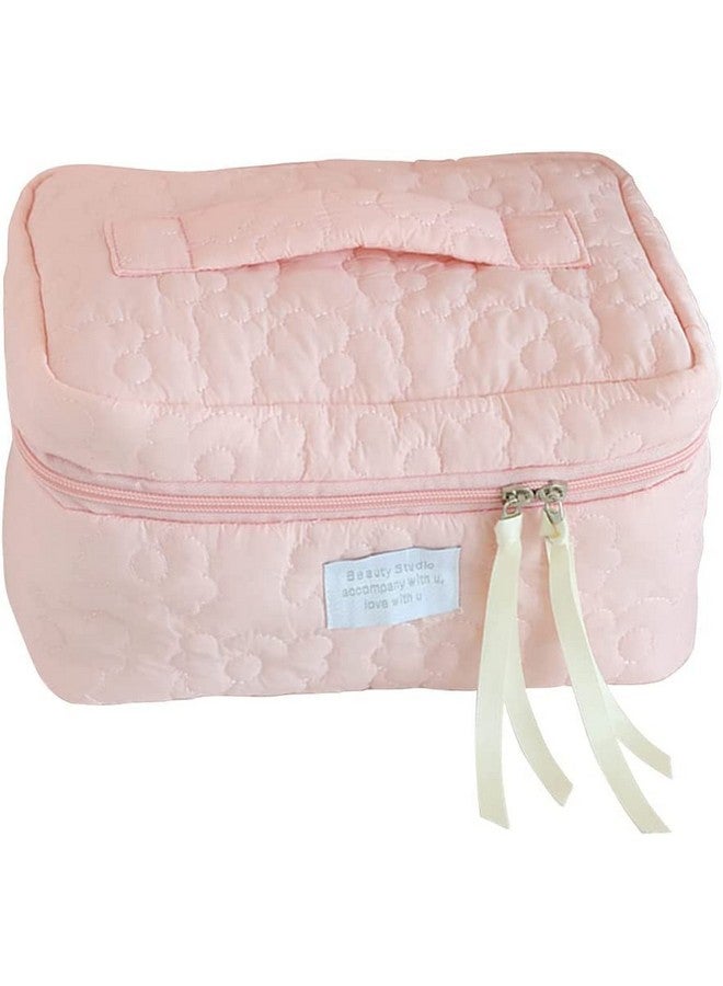 LOZOX Makeup Bag For Travel Cosmetic Bag Cute Nylon Toiletry Bag Puffy Quilted Flower Organizer Bag Large Capacity Handheld Portable Storage Zipper For Women Toiletry Vanity Bag (Pink), 17 Cm - Image 1