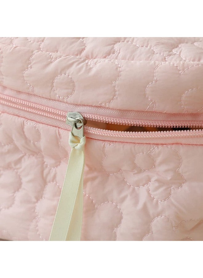 LOZOX Makeup Bag For Travel Cosmetic Bag Cute Nylon Toiletry Bag Puffy Quilted Flower Organizer Bag Large Capacity Handheld Portable Storage Zipper For Women Toiletry Vanity Bag (Pink), 17 Cm - Image 5