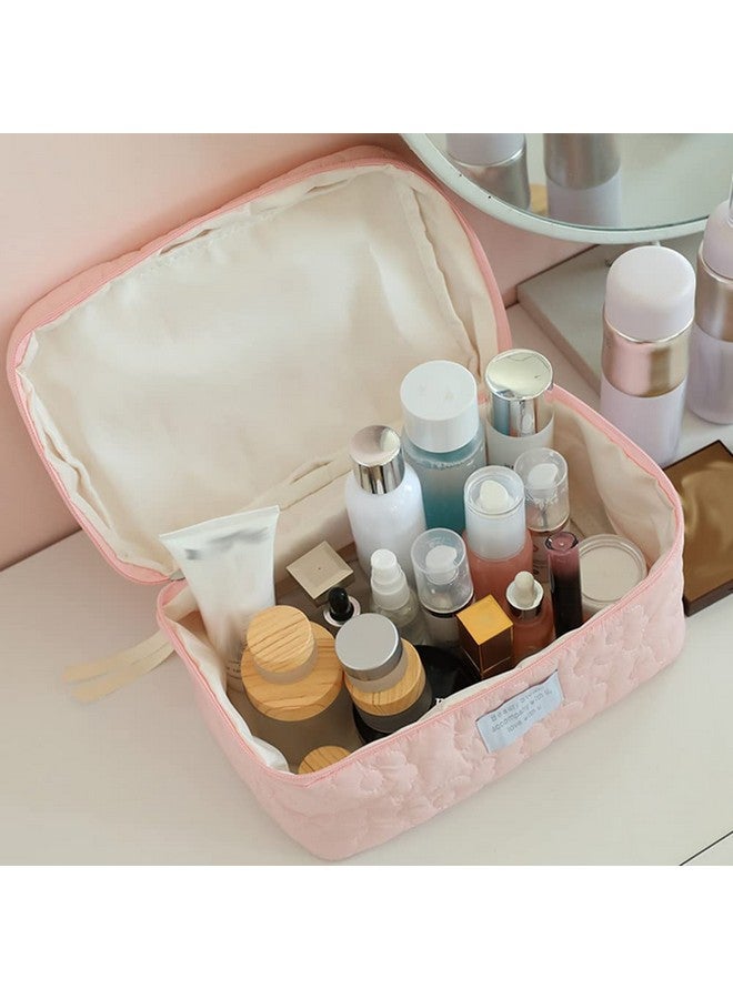LOZOX Makeup Bag For Travel Cosmetic Bag Cute Nylon Toiletry Bag Puffy Quilted Flower Organizer Bag Large Capacity Handheld Portable Storage Zipper For Women Toiletry Vanity Bag (Pink), 17 Cm - Image 2