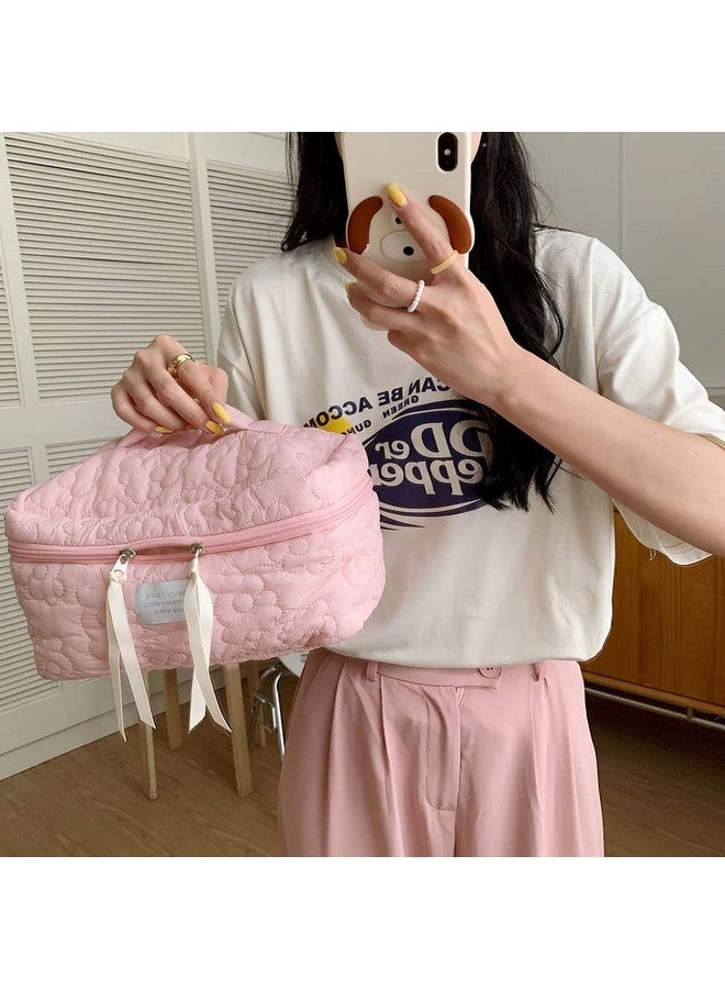 LOZOX Makeup Bag For Travel Cosmetic Bag Cute Nylon Toiletry Bag Puffy Quilted Flower Organizer Bag Large Capacity Handheld Portable Storage Zipper For Women Toiletry Vanity Bag (Pink), 17 Cm - Image 4