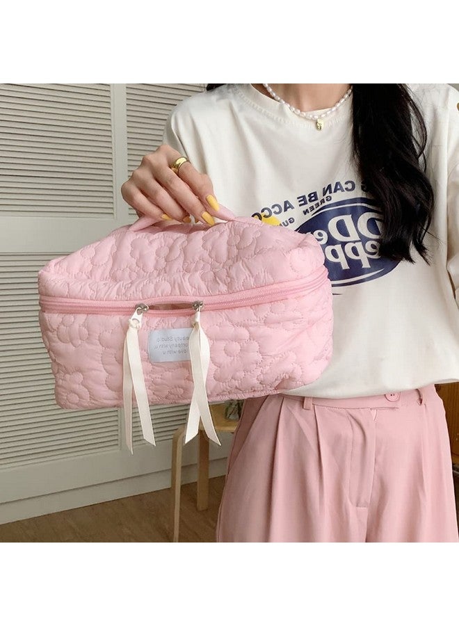 LOZOX Makeup Bag For Travel Cosmetic Bag Cute Nylon Toiletry Bag Puffy Quilted Flower Organizer Bag Large Capacity Handheld Portable Storage Zipper For Women Toiletry Vanity Bag (Pink), 17 Cm - Image 3