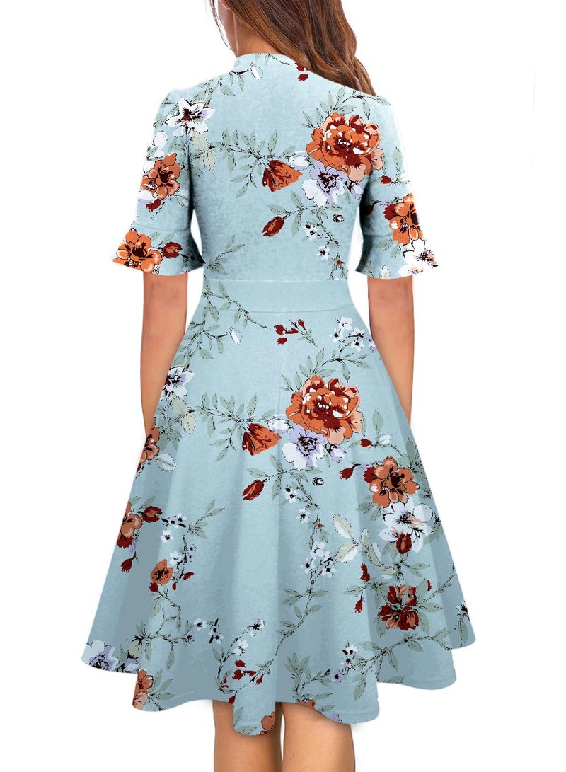RANPHEE Easter Church Dresses for Women 2026 Summer Casual Outfits Elegant Elegant Classy A Line Short Sleeve Pastel Blue Floral Print Modest Cocktail Flattering Dress to Hide Tummy S - Image 2