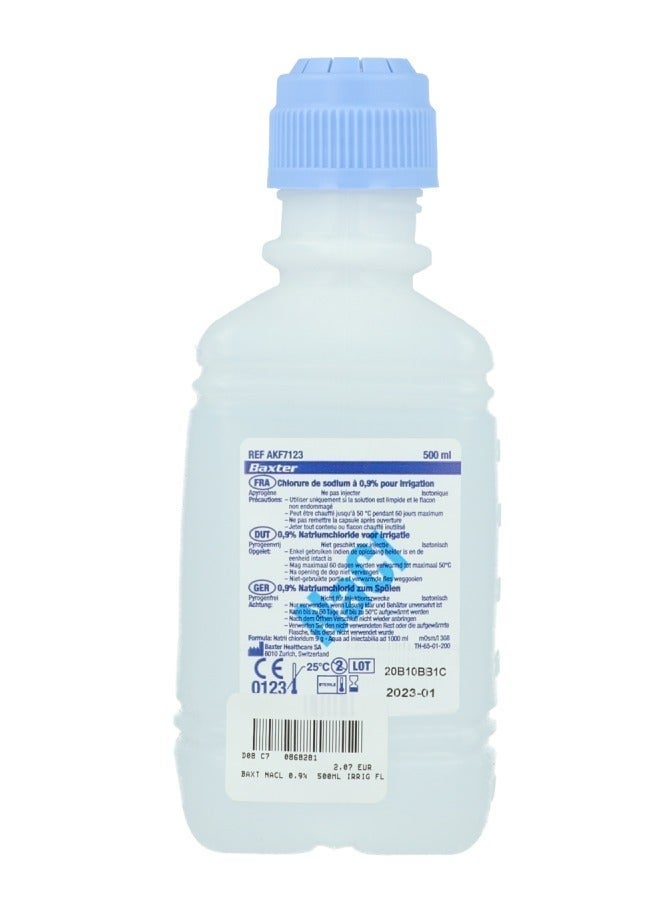 Baxter 0.9% Sodium Chloride Solution for Medical Irrigation and Wound Cleansing - 500ml Sterile Saline for External Use Only - Image 1