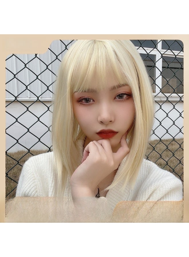 Loquat Wig womens short hair light golden daily Lolita short straight hair bobo head Japanese style face repair cute natural full head cover Light pink