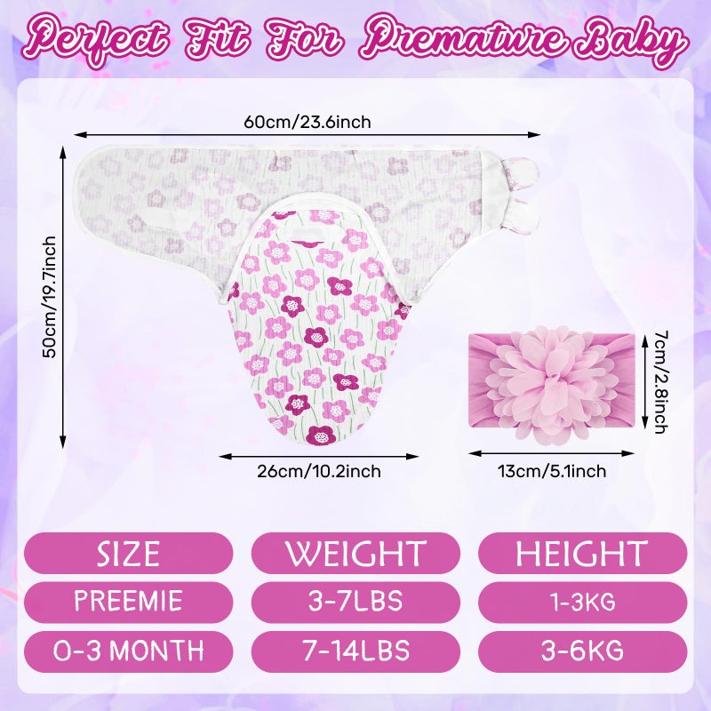Bunnycool 4 Pack Newborn Preemie Swaddle with Headband Set Premature Swaddle Blanket Baby Clothes for Nicu Newborn Boys Girls(Preemie,Flower Style) - Image 2