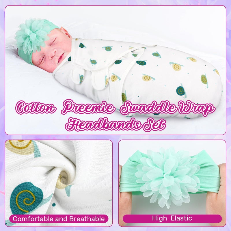 Bunnycool 4 Pack Newborn Preemie Swaddle with Headband Set Premature Swaddle Blanket Baby Clothes for Nicu Newborn Boys Girls(Preemie,Flower Style) - Image 4