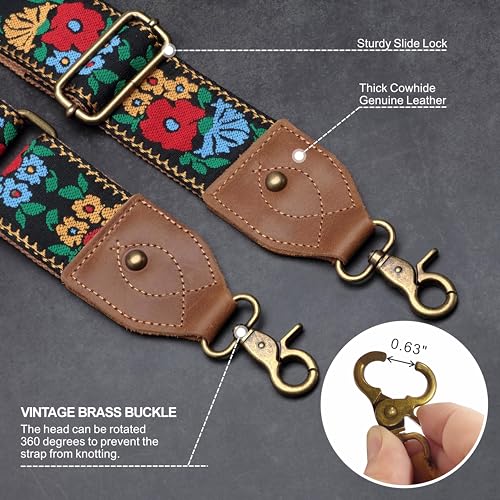 Nefelibata Purse Strap-2"Crazy Horse Leather Wide Shoulder Strap Adjustable Replacement,Retro Jacquard Embroidery Multi-pattern Crossbody Bag Straps for Handbag,Crossbody Bags,Shoulder Bags(Flower embroidery) - Image 3