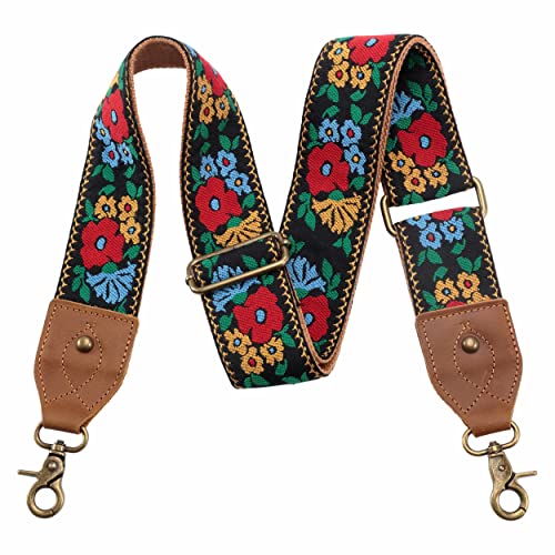 Nefelibata Purse Strap-2"Crazy Horse Leather Wide Shoulder Strap Adjustable Replacement,Retro Jacquard Embroidery Multi-pattern Crossbody Bag Straps for Handbag,Crossbody Bags,Shoulder Bags(Flower embroidery) - Image 1