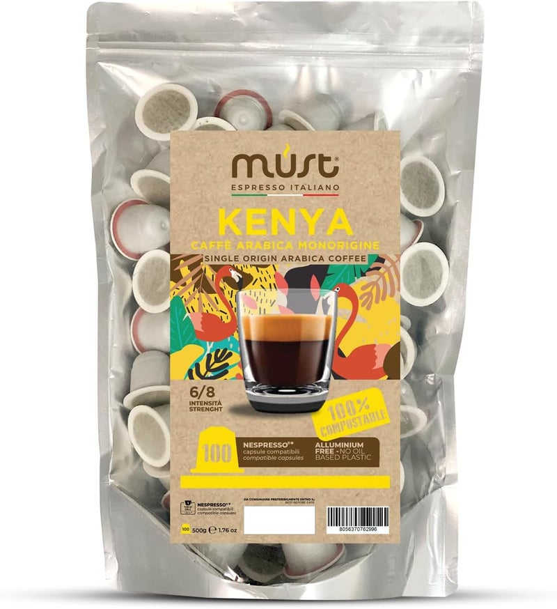 MUST 100 Coffee Capsules KENYA Blend Single Origin, Compostable Capsules Compatible with Nespresso Machine, Recyclable - Home Compost, Made in Italy