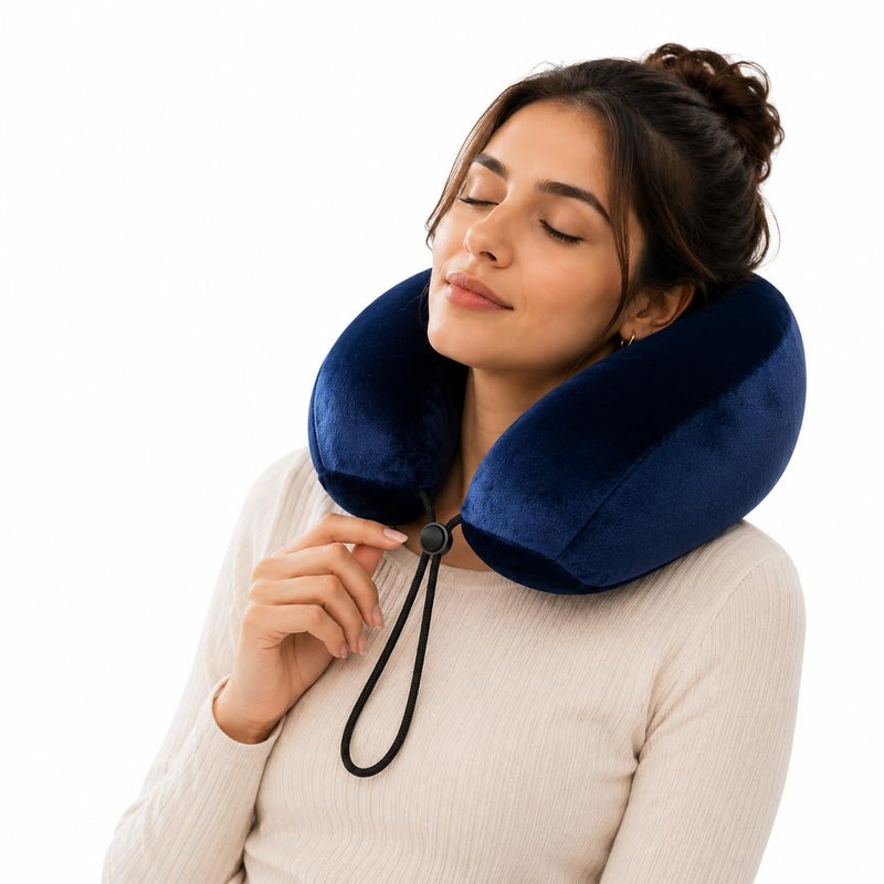 Travel Neck Pillow, Memory Foam Neck Pillow with Removable Washable Premium Velvet Cover for Easy Cleaning (Navy) - Image 1
