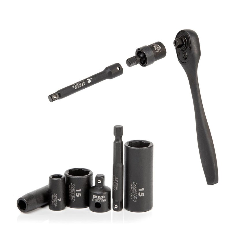 NEIKO 02437A 1/4 Drive Impact Socket Set 54 Piece Metric & Standard, Deep & Shallow Chrome Vanadium Steel 3/8â€ to 1/4â€ Reducer Hex Shank Adapter, Metric and Standard, Deep Socket Set - Image 2