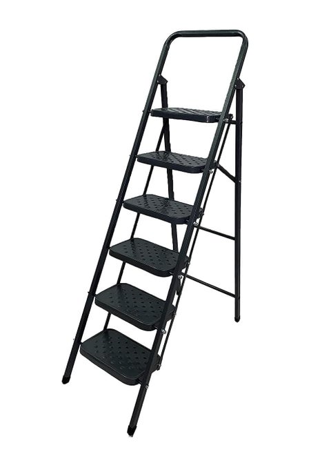 سلم قابل للطي بست درجات، شديد التحمل، أسود