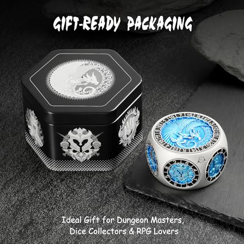 DNDND Unique Hexagonal Spinner Metal Dice 8in1 DND Dice with Dual D20 Monster Themed Dice Set for DND Dungeons and Dragons Dungeon Masters with Collectible Gift Tin Silver with Blue - Image 5