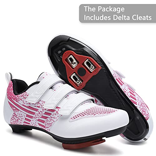 Kyedoo Unisex Road Bike Cycling Shoes Compatible with Peloton Shimano SPD Bike Riding Shoes for Men Women, 3 Straps, Pre-Installed Delta Cleats for Indoor Outdoor Cycling Biking Size 8 (White-Pink) - Image 2