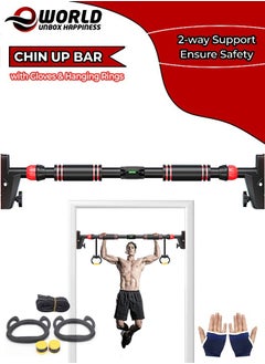 Sturdy Doorway Chin-up bar with Gloves & Children Hanging Rings, Featuring 2-way Safe Support, Locking Adjustable Width and No-Screw Wall Mount, All-in-One Gym System for Total Upper Body Workout