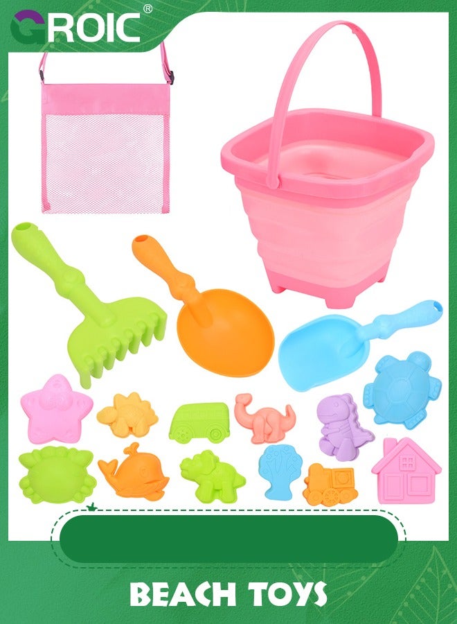 GROIC 17 Pcs Collapsible Beach Toys Sand for Toddlers 1-3, Toy Kids, Buckets Sandbox Toddler with Multi Mold Shovel - Image 1