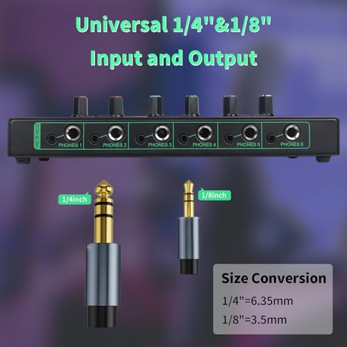 Horse Headphone Amp Amplifier, 6-Channel Metal Stereo Audio Amplifier, Mini Earphone Splitter, 1/4" 1/8" TRS/TS Audio Input and Output for Music Studio, DC 12V(Green&Black) - Image 3