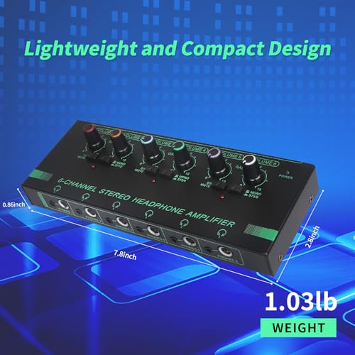 Horse Headphone Amp Amplifier, 6-Channel Metal Stereo Audio Amplifier, Mini Earphone Splitter, 1/4" 1/8" TRS/TS Audio Input and Output for Music Studio, DC 12V(Green&Black) - Image 5