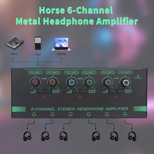 Horse Headphone Amp Amplifier, 6-Channel Metal Stereo Audio Amplifier, Mini Earphone Splitter, 1/4" 1/8" TRS/TS Audio Input and Output for Music Studio, DC 12V(Green&Black) - Image 4