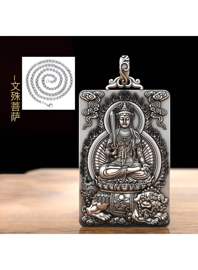 Sterling Silver Big Buddha Amulet Thousand-hand Guanyin Puxian Bodhisattva Natal Buddha Pendant Boy Xiao Guardian Silver Medal Necklace