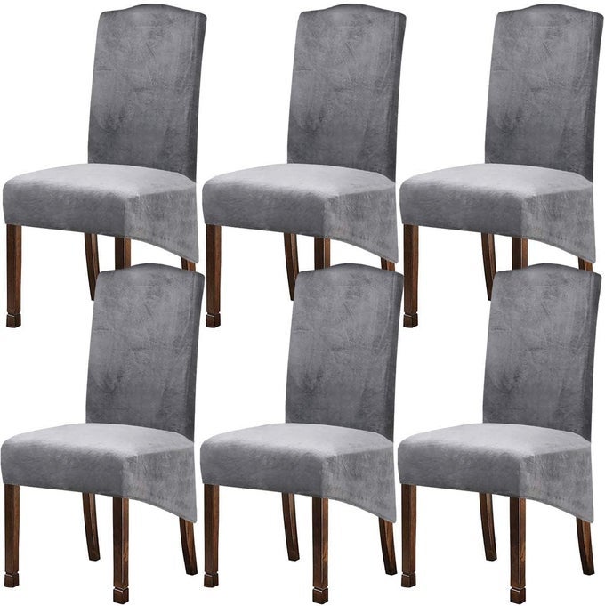 VELVET PLUSH XL DINING CHAIR COVERS STRETCH CHAIR SLIPCOVER SPANDEX HIGH CHAIRS PROTECTOR COVERS SEAT SLIPCOVER WITH ELASTIC BAND FOR DINING ROOMWEDDING CEREMONY BANQUET SILVER GREY SET OF 6