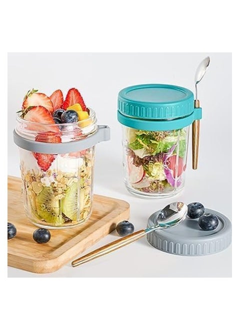 Overnight Oats Jars with Lid and Spoon, 2PCS 350ml Large Capacity Airtight Oatmeal Container with Measurement Marks, Wide Mouth Portable Jars Breakfast Container for Salads Yogurt Cereal Milk
