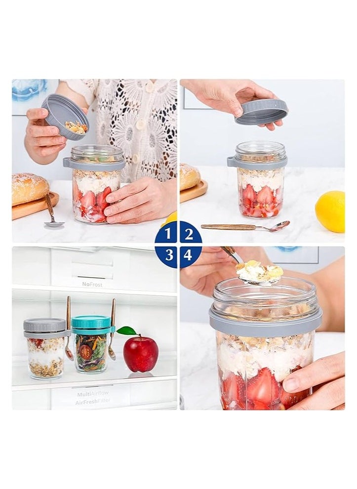 Overnight Oats Jars with Lid and Spoon, 2PCS 350ml Large Capacity Airtight Oatmeal Container with Measurement Marks, Wide Mouth Portable Jars Breakfast Container for Salads Yogurt Cereal Milk