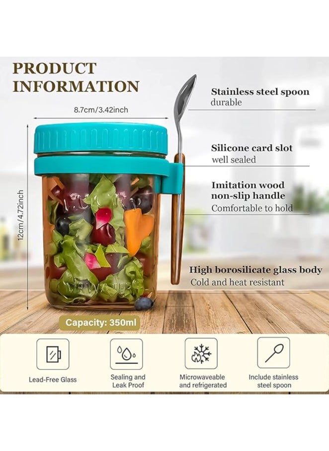 Overnight Oats Jars with Lid and Spoon, 2PCS 350ml Large Capacity Airtight Oatmeal Container with Measurement Marks, Wide Mouth Portable Jars Breakfast Container for Salads Yogurt Cereal Milk