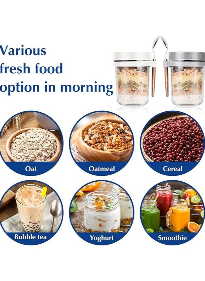 Overnight Oats Jars with Lid and Spoon, 2PCS 350ml Large Capacity Airtight Oatmeal Container with Measurement Marks, Wide Mouth Portable Jars Breakfast Container for Salads Yogurt Cereal Milk