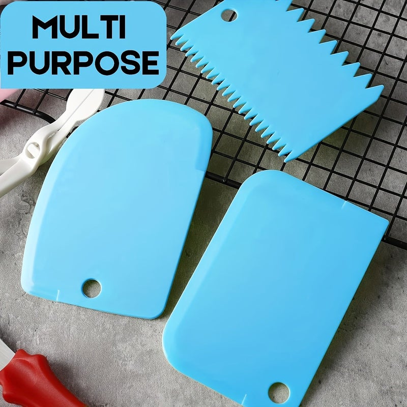 3pcs Blue Flexible Food Grade Plastic Baking Scraper Set All In One Icing And Scraping Tool - Image 1
