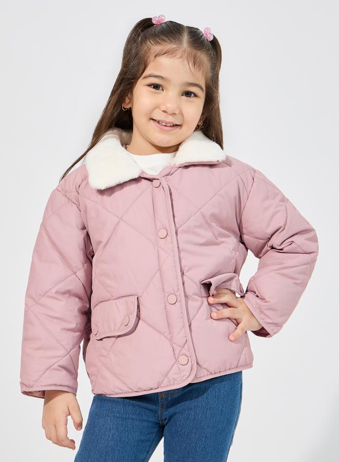 Styli Lined Faux Fur Collar Quilted Jacket  - Image 1