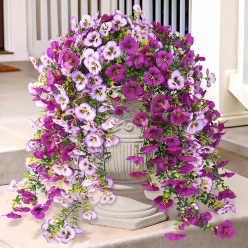 ZFProcess Fake Artificial Flowers for Outdoors, 4 Pcs Faux Hanging Pansy Flowers Spring Summer Decor, UV Resistant Fake Plants Silk Flower for Planter Front Door Porch Patio Yard Garden(Gradient Purple Red) - Image 1
