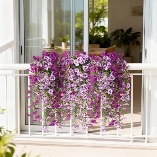 ZFProcess Fake Artificial Flowers for Outdoors, 4 Pcs Faux Hanging Pansy Flowers Spring Summer Decor, UV Resistant Fake Plants Silk Flower for Planter Front Door Porch Patio Yard Garden(Gradient Purple Red) - Image 5