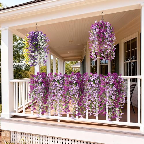 ZFProcess Fake Artificial Flowers for Outdoors, 4 Pcs Faux Hanging Pansy Flowers Spring Summer Decor, UV Resistant Fake Plants Silk Flower for Planter Front Door Porch Patio Yard Garden(Gradient Purple Red) - Image 3