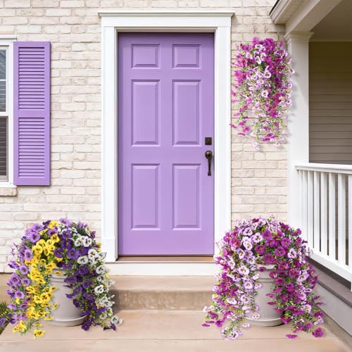 ZFProcess Fake Artificial Flowers for Outdoors, 4 Pcs Faux Hanging Pansy Flowers Spring Summer Decor, UV Resistant Fake Plants Silk Flower for Planter Front Door Porch Patio Yard Garden(Gradient Purple Red) - Image 2
