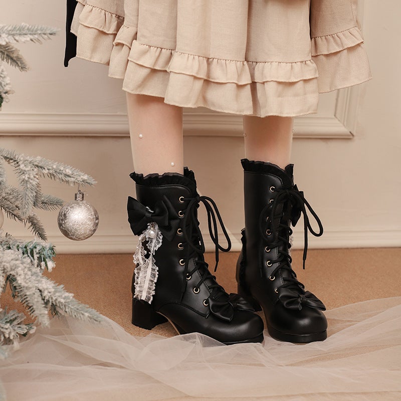 Supply 28-43 Sweet Bow Thick-Soled Lolita Front Lace-Up Low Boots - Image 5