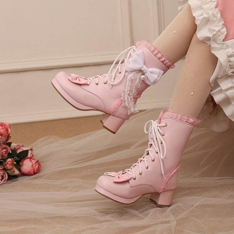 Supply 28-43 Sweet Bow Thick-Soled Lolita Front Lace-Up Low Boots - Image 4