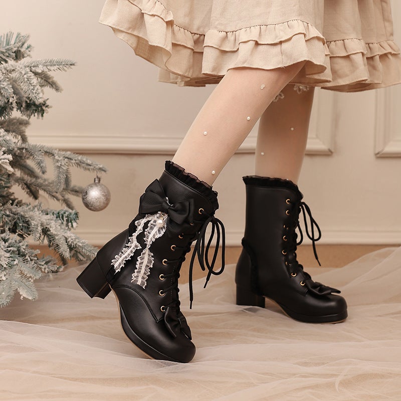 Supply 28-43 Sweet Bow Thick-Soled Lolita Front Lace-Up Low Boots - Image 3