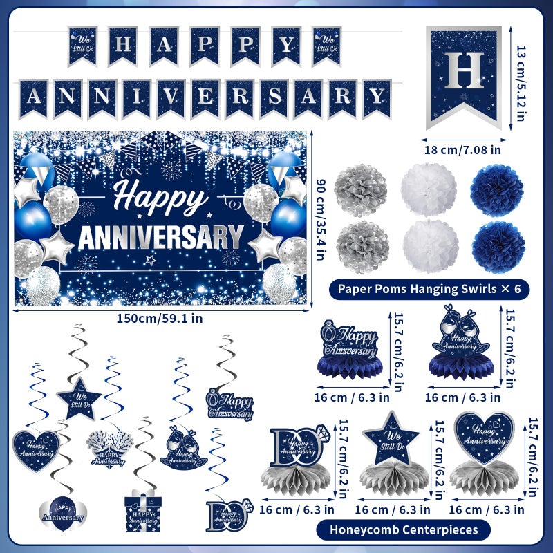 Wayyogh Happy Anniversary Decorations Kit Blue Silver Happy Anniversary Banner Honeycomb Centerpieces Hanging Swirls Tissue Paper Pompoms Set for Men Women Couple Wedding Anniversary Party Supplies Decor - Image 3
