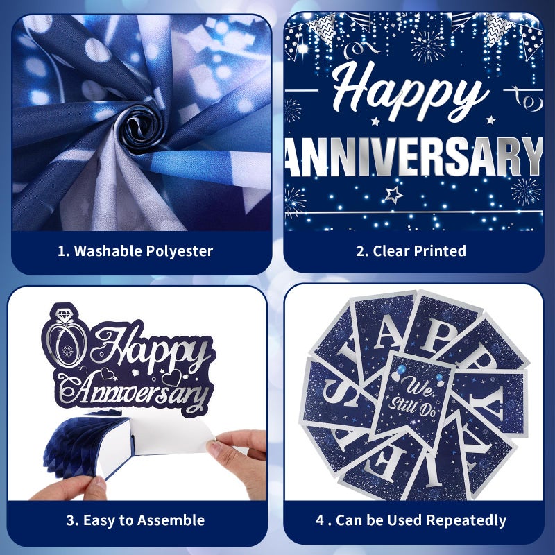 Wayyogh Happy Anniversary Decorations Kit Blue Silver Happy Anniversary Banner Honeycomb Centerpieces Hanging Swirls Tissue Paper Pompoms Set for Men Women Couple Wedding Anniversary Party Supplies Decor - Image 4
