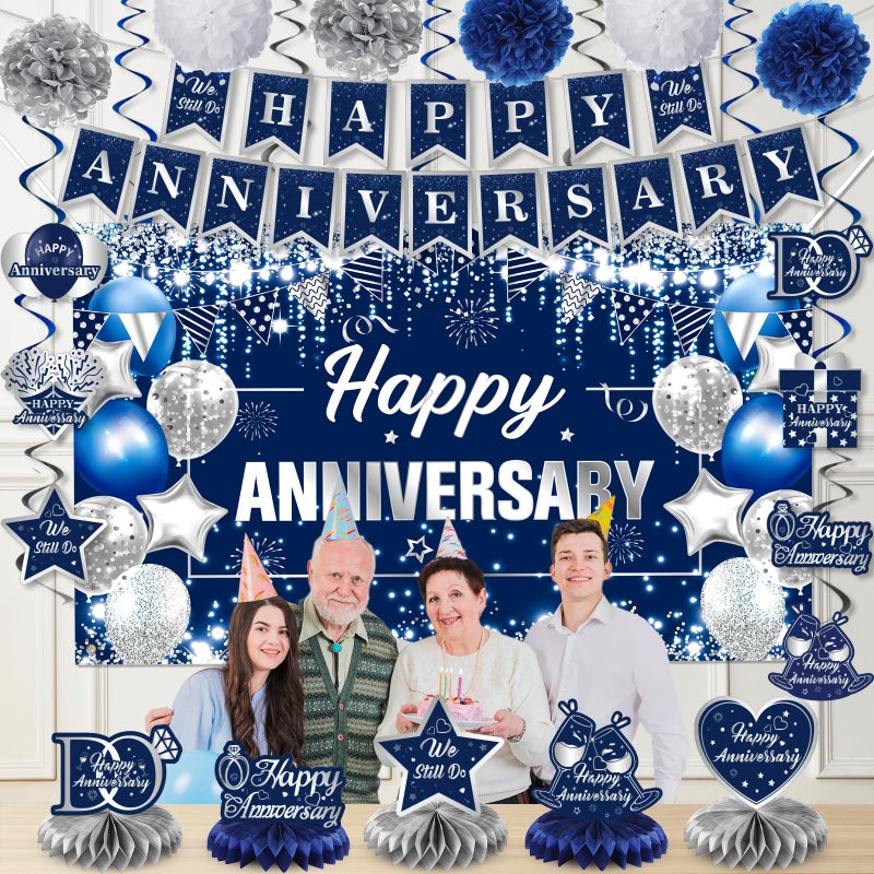 Wayyogh Happy Anniversary Decorations Kit Blue Silver Happy Anniversary Banner Honeycomb Centerpieces Hanging Swirls Tissue Paper Pompoms Set for Men Women Couple Wedding Anniversary Party Supplies Decor - Image 5