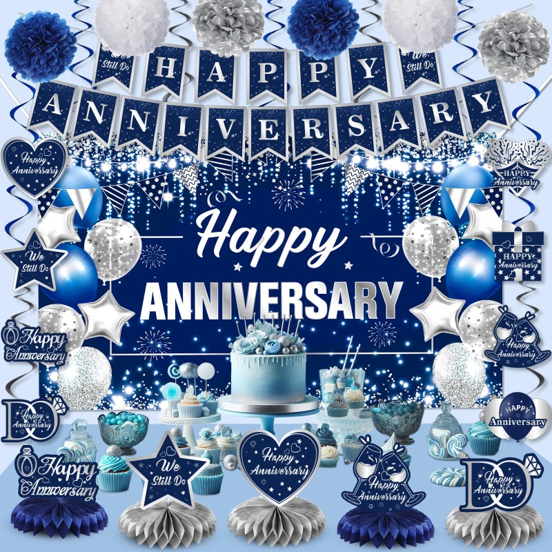 Wayyogh Happy Anniversary Decorations Kit Blue Silver Happy Anniversary Banner Honeycomb Centerpieces Hanging Swirls Tissue Paper Pompoms Set for Men Women Couple Wedding Anniversary Party Supplies Decor - Image 2