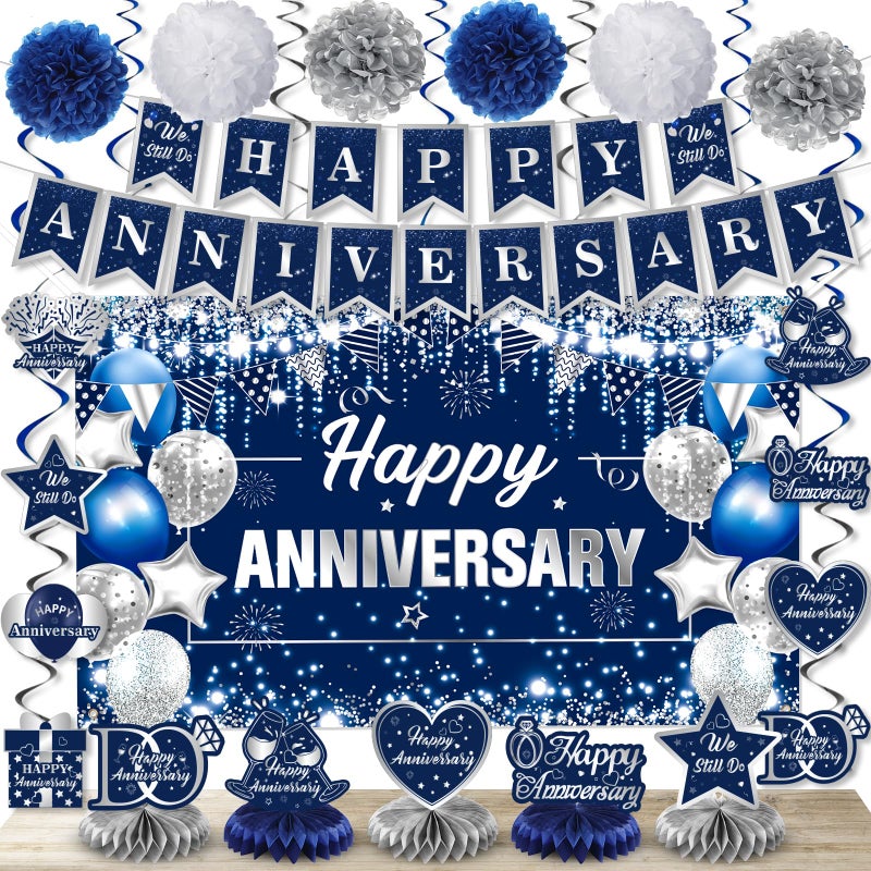 Wayyogh Happy Anniversary Decorations Kit Blue Silver Happy Anniversary Banner Honeycomb Centerpieces Hanging Swirls Tissue Paper Pompoms Set for Men Women Couple Wedding Anniversary Party Supplies Decor - Image 1