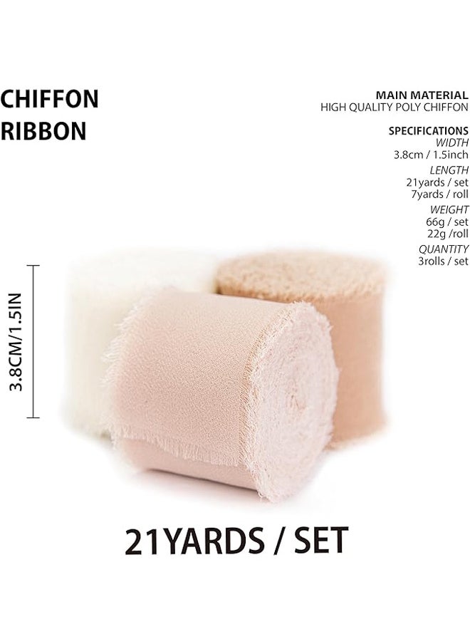 Zeemey 3 Rolls Handmade Fringe Chiffon Silk Ribbon 1 1/2 Inch x 7Yd Pink & Cream Ribbons Set for Wedding Invitations Bridal Bouquets Gifts Wrapping DIY Crafts(4cm*5m)  - Image 2