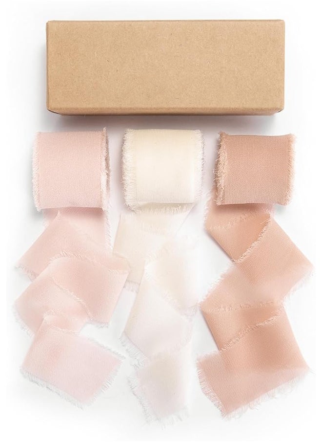 Zeemey 3 Rolls Handmade Fringe Chiffon Silk Ribbon 1 1/2 Inch x 7Yd Pink & Cream Ribbons Set for Wedding Invitations Bridal Bouquets Gifts Wrapping DIY Crafts(4cm*5m)  - Image 1