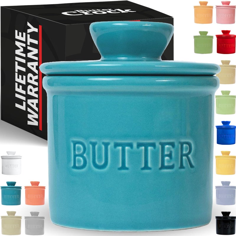 PriorityChef French Butter Crock with Lid Get on Demand Spreadable Butter Ceramic Butter Keeper to Leave on Counter with Water Line Turquoise